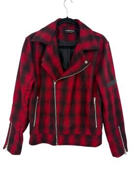 Maniere De Voir Mens Wool Blend Plaid Moto Biker Jacket Red Black Size Medium